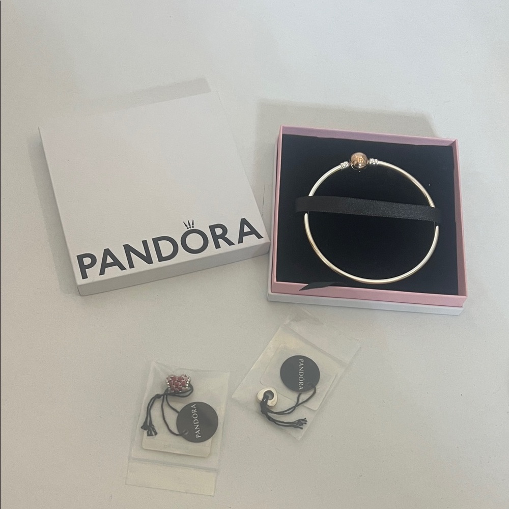 Pandora Silver Bangle with Rose Gold Charm